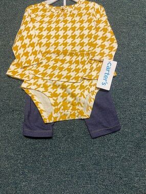 Carter's White and Mustard Houndstooth Ruffle Bodysuit with Navy Leggings